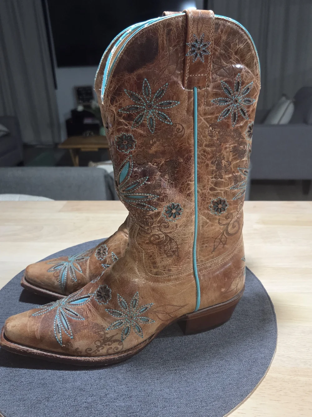 Shyanne Brown Leather Over-the-Knee Boots with Turquoise Stitching